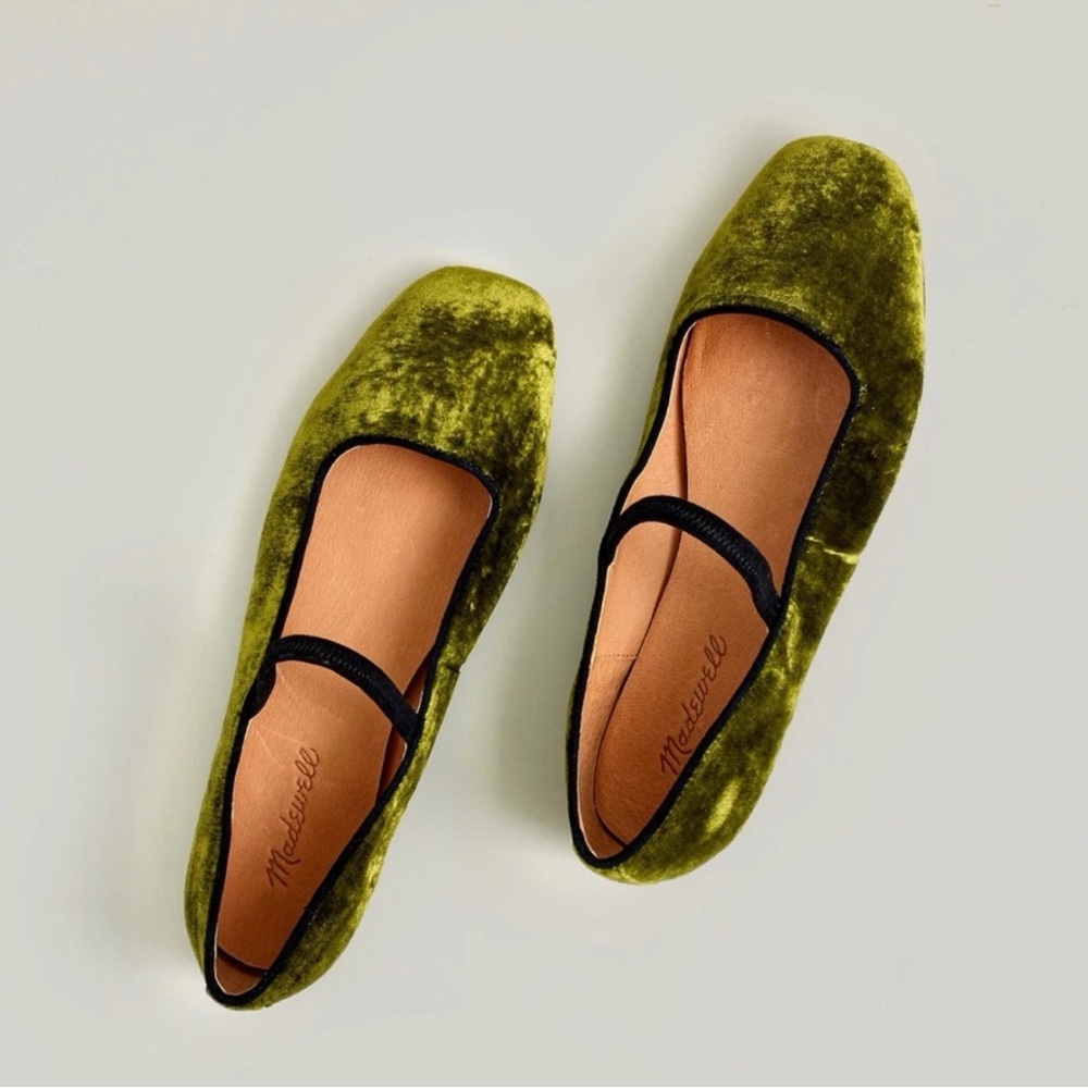 Madewell Olive Green Velvet Mary Jane Flats